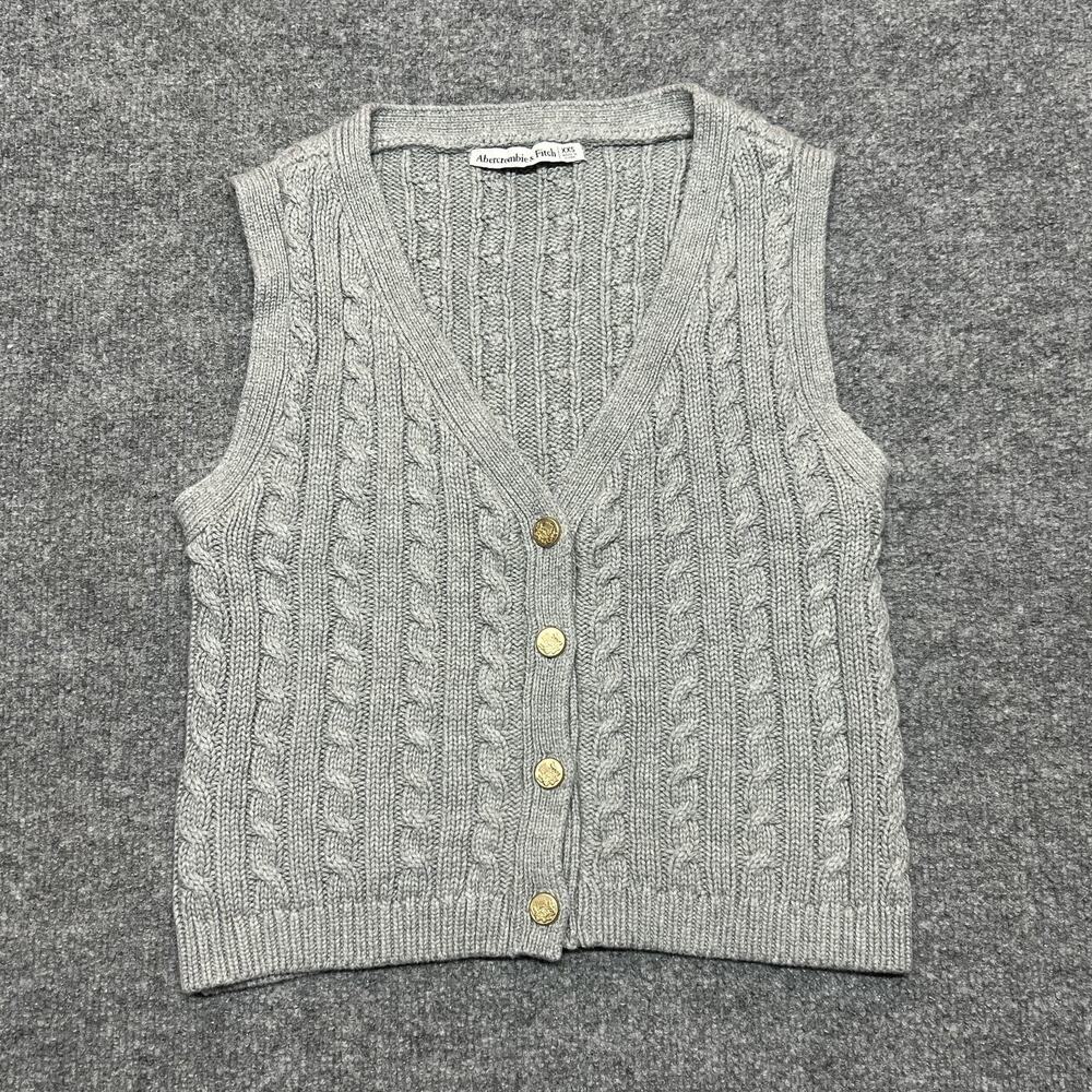 Abercrombie & Fitch Sweater Vest Womens XXS Gray Cable Knit Gold Button Front